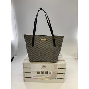 MICHAEL KORS, GRAY BLACK LEATHER SIGNATURE PRINT SHOULDER BAG